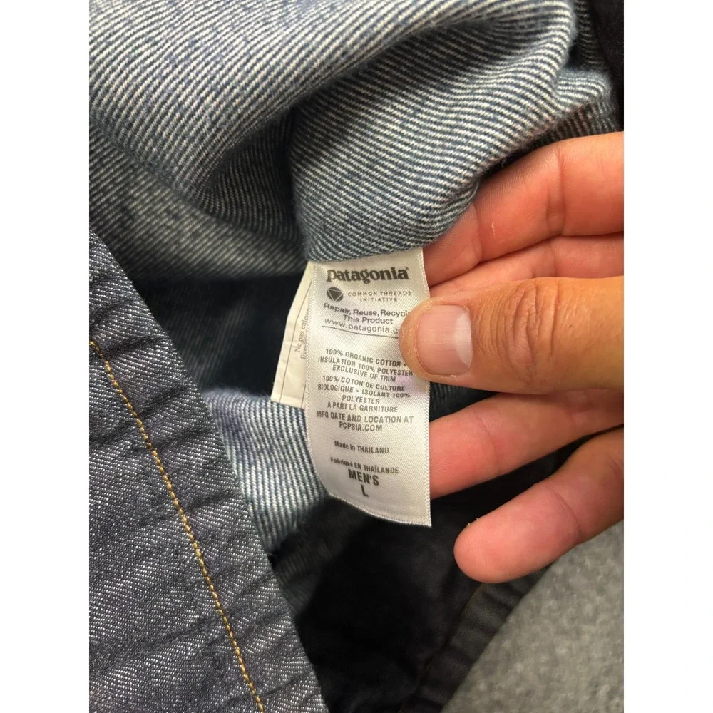 Patagonia Hopper Insulated Denim Jacket Mens Large Blue Organic Cotton Snaps